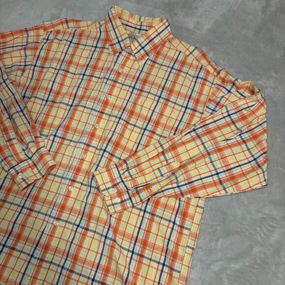 LL Bean OCBD Long Sleeve Shirt Mens Large Plaid Orange Yellow Blue Outdoor PB47 - Picture 2 of 8